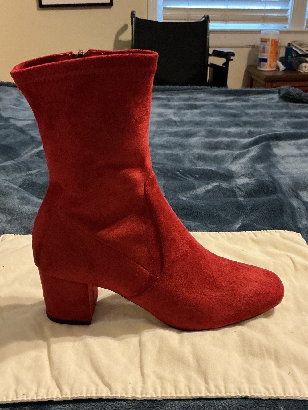 Red Suede Mid-Heel Ankle Boots